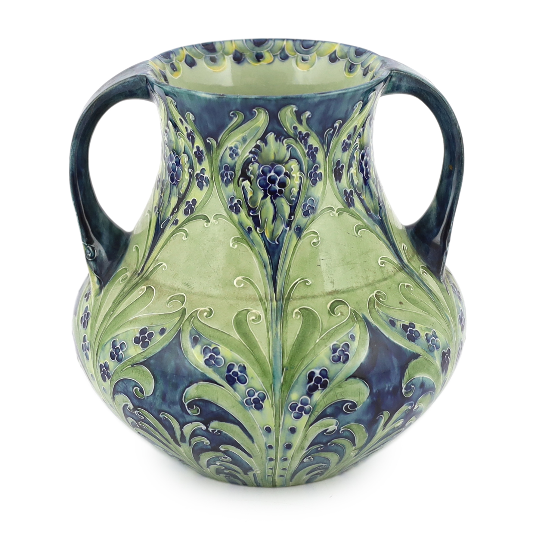 Moorcroft for Liberty & Co., Florian Ware 'Cornflower' two-handled vase, crack to one handle